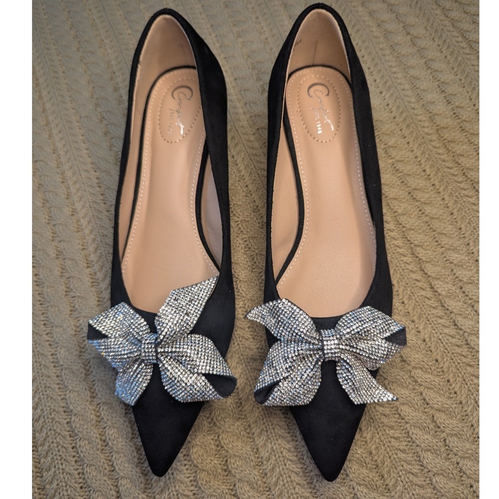Black Pointed Toe Heels with Crystal Bow Accent